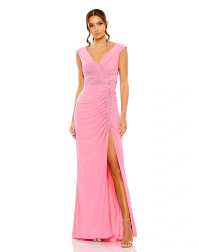 Mac Duggal Sleeveless Side Ruched Slit Gown In Candy Pink