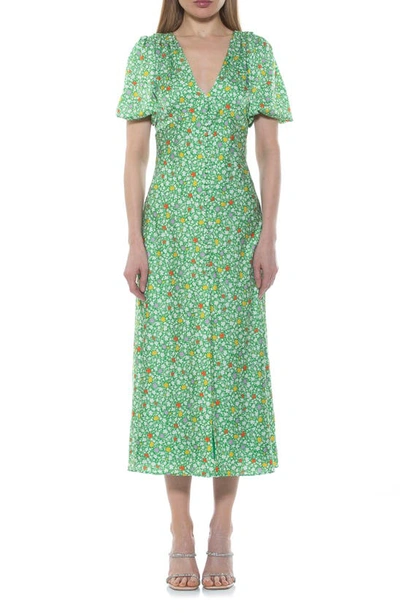 Shop Alexia Admor Lorelei V-neck Bubble Sleeve Midi Dress In Green Ditzy