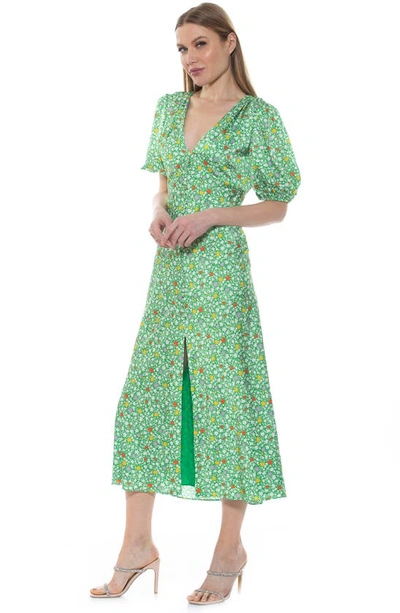 Shop Alexia Admor Lorelei V-neck Bubble Sleeve Midi Dress In Green Ditzy