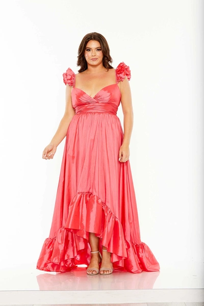 Mac Duggal Pink Ruffle Strap High Low Gown (plus) In Watermelon