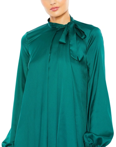 Shop Mac Duggal Soft Tie High Neck Pull Sleeve Shirt Dress - Final Sale In Emerald