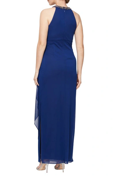 Shop Alex Evenings Embellished Halter Ruched Column Formal Gown In Electric/ Blue