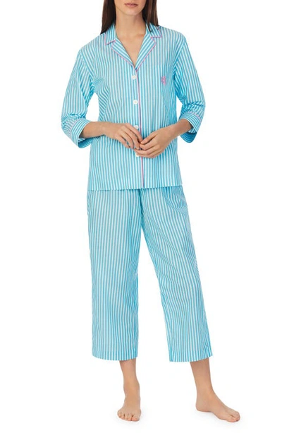 Shop Lauren Ralph Lauren Stripe Crop Cotton Blend Pajamas In Aqua Stp