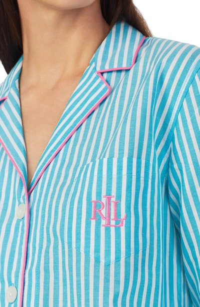 Shop Lauren Ralph Lauren Stripe Crop Cotton Blend Pajamas In Aqua Stp