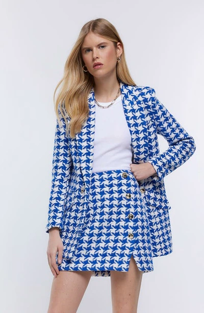 Shop River Island Houndstooth Button Detail Skirt In Blue