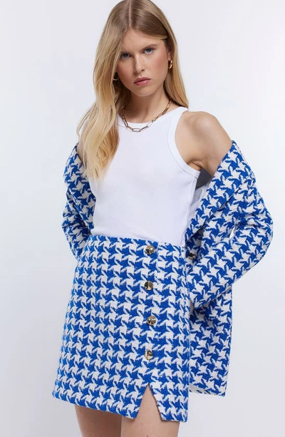 Shop River Island Houndstooth Button Detail Skirt In Blue