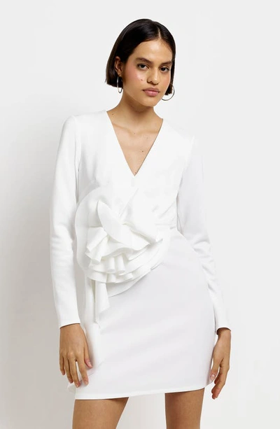 Shop River Island Corsage Detail Long Sleeve Body-con Minidress In White