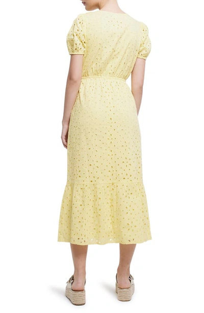 Shop River Island Short Sleeve Faux Wrap Broderie Anglaise Cotton Dress In Yellow