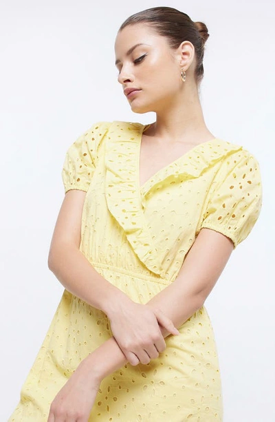 Shop River Island Short Sleeve Faux Wrap Broderie Anglaise Cotton Dress In Yellow