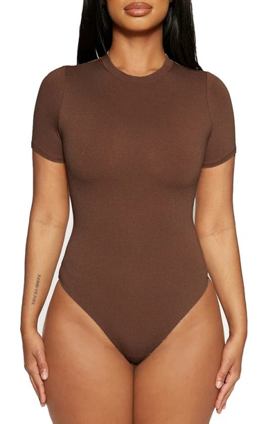 Shop Naked Wardrobe The Nw Lovin' The Crew T-shirt Bodysuit In Chocolate