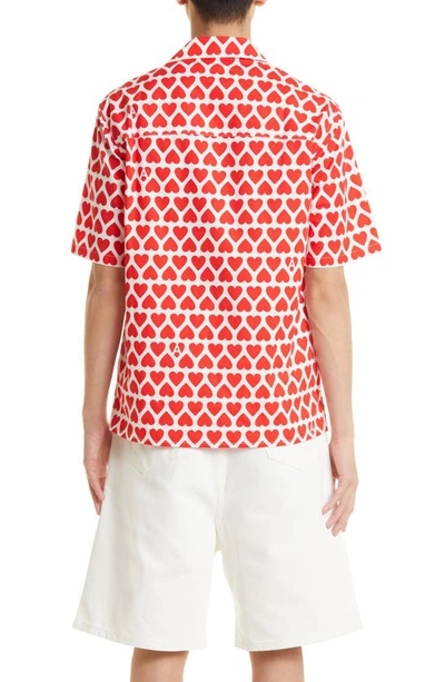Shop Ami Alexandre Mattiussi Hearts Print Organic Cotton Short Sleeve Button-up Camp Shirt In Scarlet Red/ Natural White