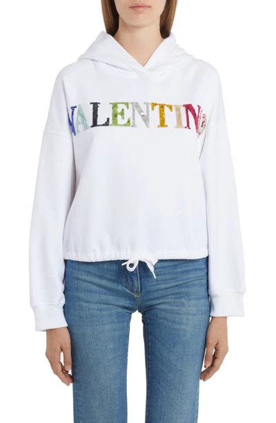 Shop Valentino Sequin Logo Cotton Hoodie In 0bo-bianco