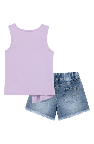 Shop Habitual Kids' Shirred Stretch Cotton Tank & Denim Shorts Set In Purple