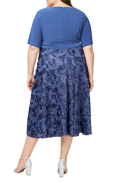 Alex Evenings Tea Length Jersey & Rosette Lace Dress In Violet