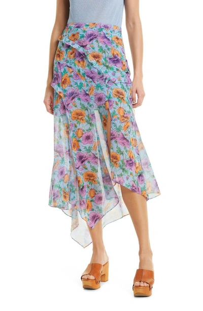 Shop Veronica Beard Eleonora Asymmetric Floral Silk Skirt In Lake Blue Multi