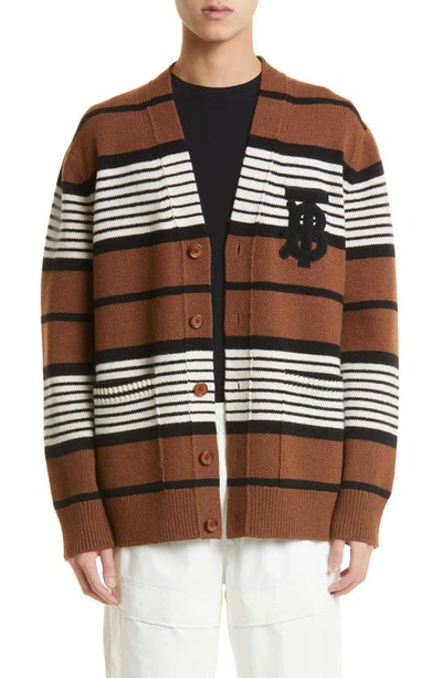 Shop Burberry Icon Stripe Monogram Logo Patch Wool & Cashmere Cardigan In Dark Birch Brown