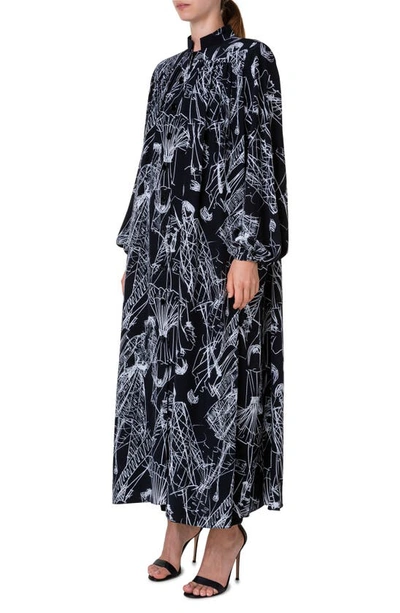 Shop Akris Croquis Print Long Sleeve Silk Kaftan Dress In Black-cream