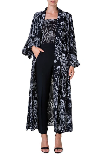 Shop Akris Croquis Print Long Sleeve Silk Kaftan Dress In Black-cream