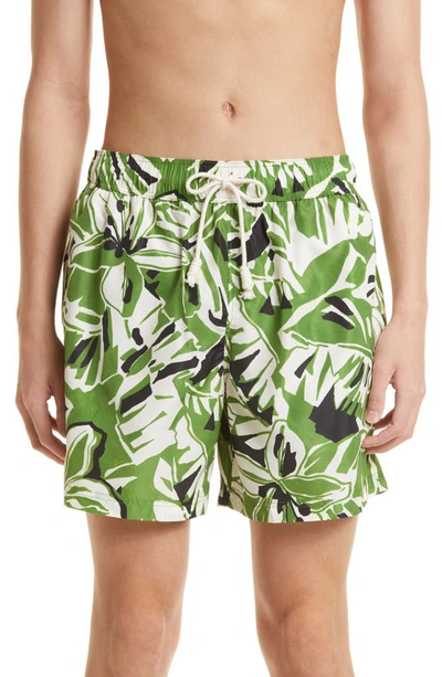 Shop Palm Angels Macro Hibiscus Print Swim Trunks In Green White