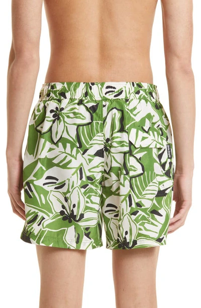 Shop Palm Angels Macro Hibiscus Print Swim Trunks In Green White