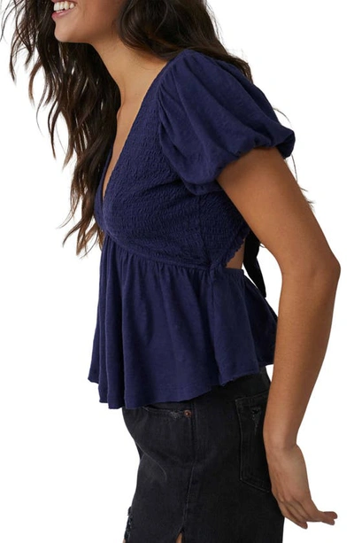 Shop Free People Smocked Open Back Peplum Cotton Top In Evening Eclipse