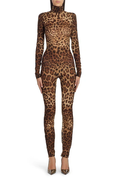 Shop Dolce & Gabbana Kim Leopard Print Silk Stretch Chiffon Catsuit In Light Brown Print