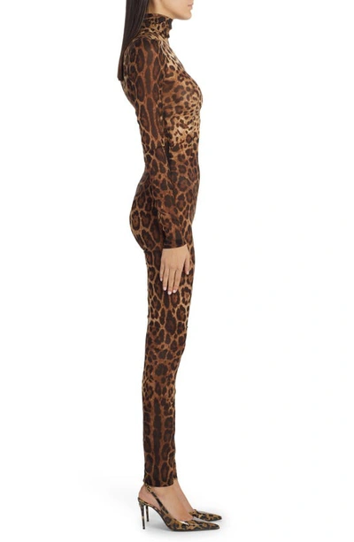 Shop Dolce & Gabbana Kim Leopard Print Silk Stretch Chiffon Catsuit In Light Brown Print