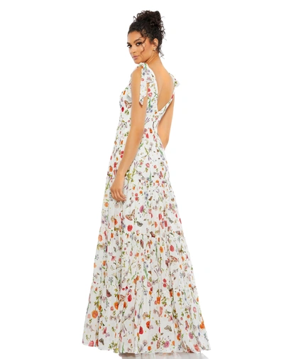 Shop Mac Duggal Floral Print Sleeveless Soft Tie Shoulder Gown In White Multi