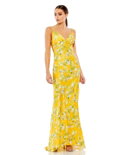 Shop Ieena For Mac Duggal Floral Print Empire Waist Bias Cut Sleeveless Trumpet Gown In Yellow