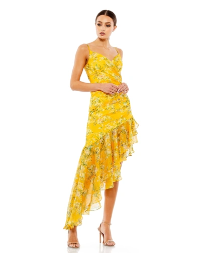 MAC DUGGAL YELLOW FLORAL RUFFLE ASYMMETRICAL HI LOW HEM DRESS 