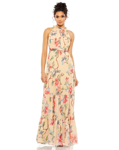 Mac Duggal Floral Button High Neck Maxi Dress In Nude Multi