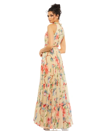 Mac Duggal Floral Button High Neck Maxi Dress In Nude Multi