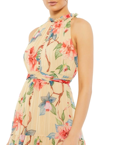 Mac Duggal Floral Button High Neck Maxi Dress In Nude Multi