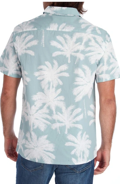 Px Palm Print Short Sleeve Button-up Peached Cotton Poplin Shirt In Seafoam