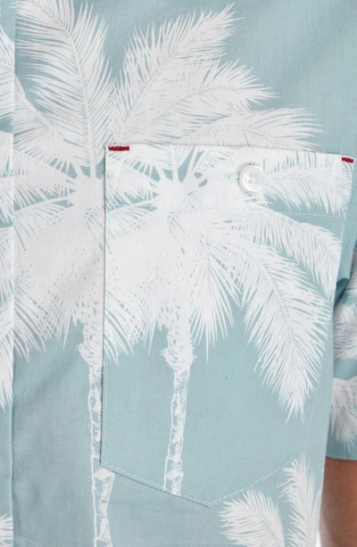 Px Palm Print Short Sleeve Button-up Peached Cotton Poplin Shirt In Seafoam