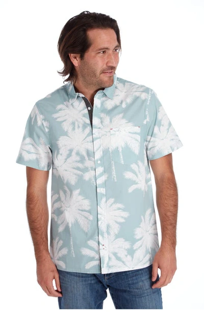 Px Palm Print Short Sleeve Button-up Peached Cotton Poplin Shirt In Seafoam
