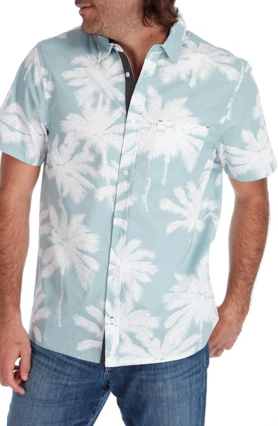 Px Palm Print Short Sleeve Button-up Peached Cotton Poplin Shirt In Seafoam