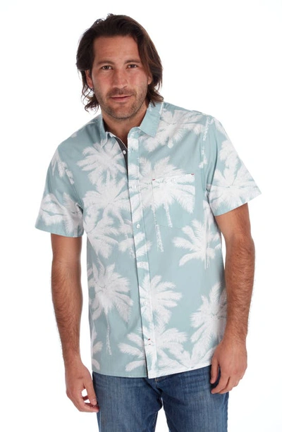 Px Palm Print Short Sleeve Button-up Peached Cotton Poplin Shirt In Seafoam