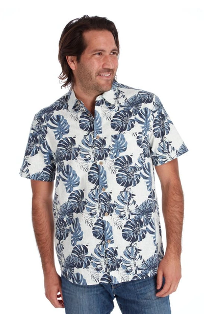 Shop Px Palm Print Short Sleeve Button-up Cotton Shirt In Navy