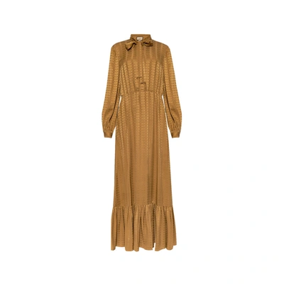 Shop Gucci Silk Logo Midi Dress In Brown