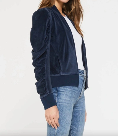 Shop Another Love Kayla Velour Ruched Puff Sleeve Zip Sweatshirt In Navy In Blue