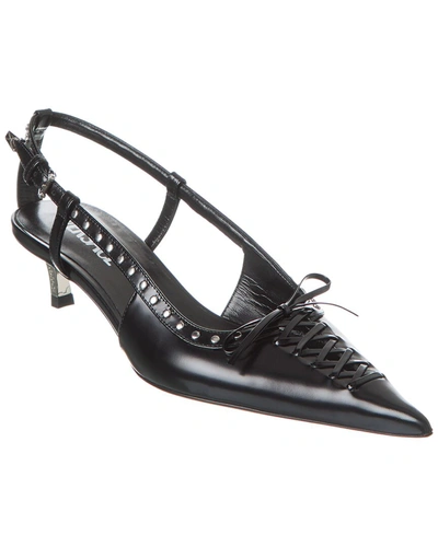 Shop Versace Laced Pin-point Leather Slingback Pump In Black