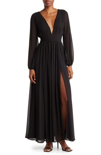 Shop Love By Design Iris Plunge Neck Long Sleeve Maxi Dress In Jet Black