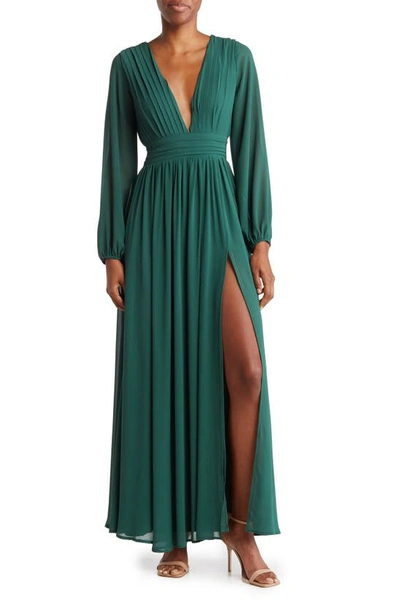 Shop Love By Design Iris Plunge Neck Long Sleeve Maxi Dress In Emerald