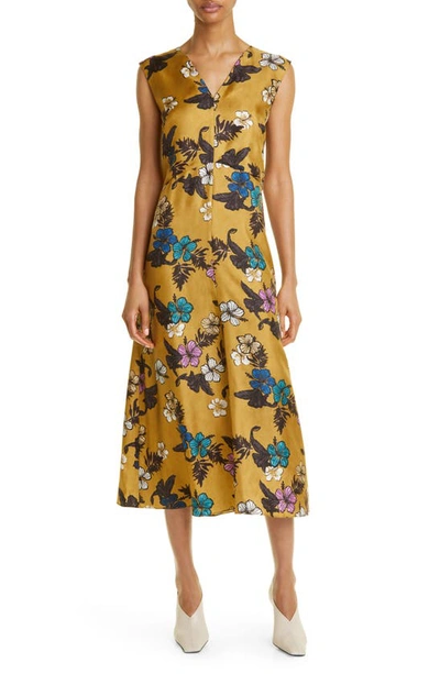 Shop Max Mara Floral Print Silk A-line Dress In Yellow
