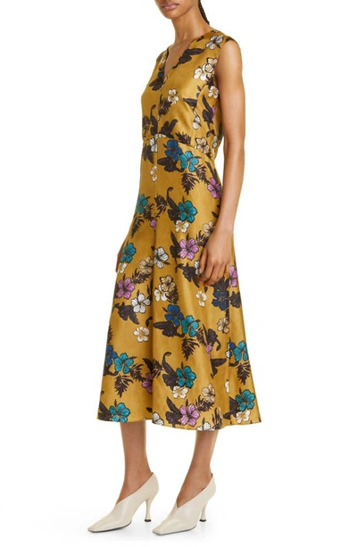 Shop Max Mara Floral Print Silk A-line Dress In Yellow