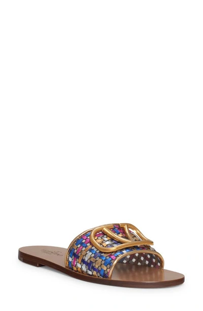 Shop Valentino Vlogo Signature Slide Sandal In Gold/ Blue Multicolor