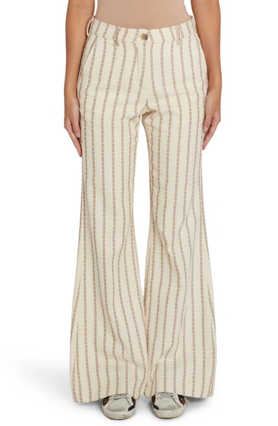 Shop Golden Goose Geometric Embroidered Stripe Cotton Wide Leg Pants In Lambs Wool/ Coffe Iron