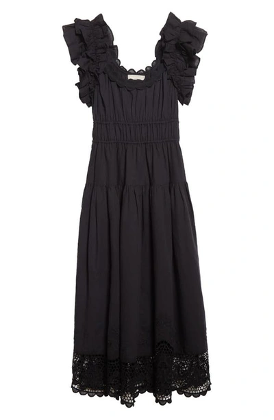 Shop Ulla Johnson Leona Smocked Ruffle Linen Blend Midi Dress In Noir