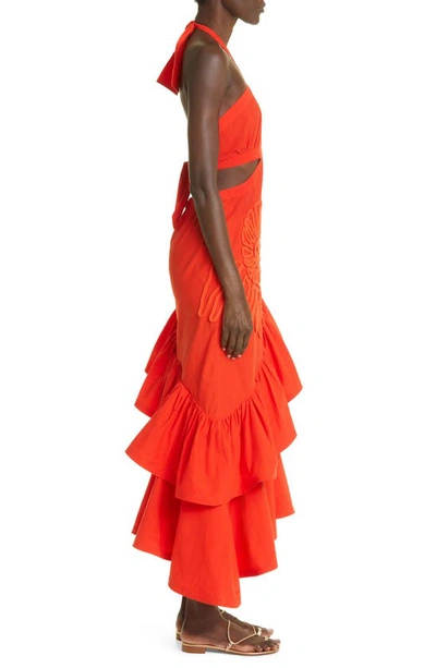 Shop Johanna Ortiz Creencias Colectivas Asymmetric Ruffle Cotton Dress In Rojo Flamenco